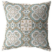 Amrita Sen Geo Mandala Broadcloth Indoor Outdoor Blown and Closed Pillow Orange and Light Blue on White