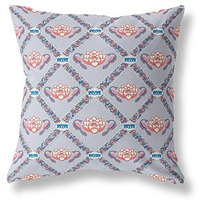 Amrita Sen Lotus Peacock Rose Suede Blown and Closed Pillow Gray Red Blue