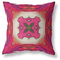 Amrita Sen Pastel Floral Squares Broadcloth Indoor Outdoor Blown and Closed Pillow Hot Pink