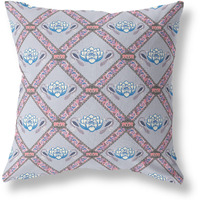Amrita Sen Lotus Peacock Rose Suede Zippered Pillow with Insert Gray Blue Pink