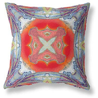 Amrita Sen Pastel Floral Squares Broadcloth Indoor Outdoor Zippered Pillow Muted Blue Hot Orange