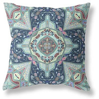 Amrita Sen Buddha Flower Ceremony Suede Zippered Pillow with Insert Indigo Aqua