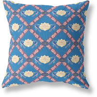 Amrita Sen Lotus Peacock Rose Broadcloth Indoor Outdoor Blown and Closed Pillow Blue Yellow Pink