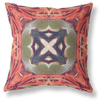 Amrita Sen Pastel Floral Squares Broadcloth Indoor Outdoor Blown and Closed Pillow Hot Peach Green