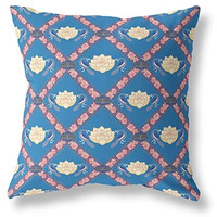 Amrita Sen Lotus Peacock Rose Broadcloth Indoor Outdoor Blown and Closed Pillow Blue Yellow Pink