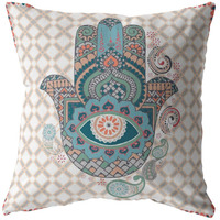 Amrita Sen Hamsa Broadcloth Indoor Outdoor Blown and Closed Pillow Muted Blue on Orange
