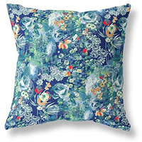 Amrita Sen Sea Garden Rose Indoor/Outdoor Pillow in Bright Blue Turquoise 18x18