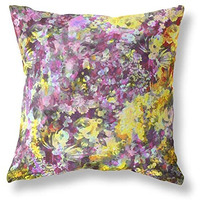Amrita Sen Designs Sea Garden Rose Indoor/Outdoor Fabric Pillow in Hot Pink Yellow 20x20