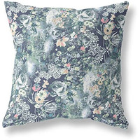 Amrita Sen Designs Sea Garden Rose Indoor/Outdoor Fabric Pillow in Muted Green Gray Indigo 18x18