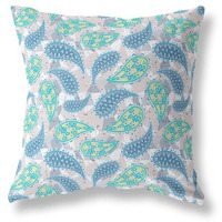 Amrita Sen Designs Paisley on Abstract Indoor/Outdoor Fabric Pillow in Green Indigo Beige 20x20