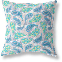 Amrita Sen Designs Paisley on Abstract Indoor/Outdoor Fabric Pillow in Green Indigo Beige 28x28