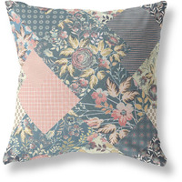 Amrita Sen Designs Arizona Floral Patches Indoor/Outdoor Fabric Pillow in Dark Green Peach 28x28