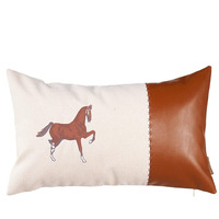 Bed Bath & Beyond 20" X 12" Beige Horse Animal Print Zippered Handmade Faux Leather Lumbar Pillow with Embroidery