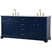 Elegant Decor Americana 72" Metal MDF Marble Double Bathroom Vanity in Blue