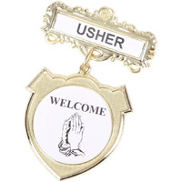 Gold Usher Pins for Church | Welcome Badge for Ushers | Reusable Gold Metal Usher Badge Locking Pin Back | Usher Name Tag Pin Smooth Borders Church Usher Uniform Badge (01)