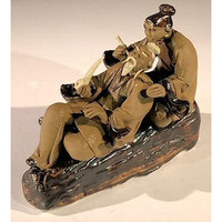 Bonsai Boy e3450 2.5 in. Miniature Ceramic Figurine - Mud Man & Women On Log Smoking A Pipe