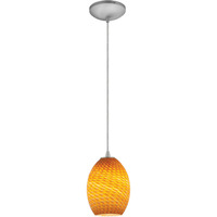 Brandy FireBird Glass Pendant - 1-Light Pendant - Cord - Brushed Steel Finish - Amber Firebird Glass Shade