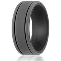 ROQ Silicone Rubber Wedding Ring for Men, Comfort Fit, Men's Wedding Band, Breathable Rubber Engagement Band, 9mm Wide 2mm Thick, 2 Thin Lines Duo Collection, Single, Black & Grey, Size 13