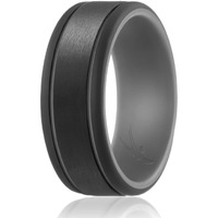 ROQ Silicone Rubber Wedding Ring for Men, Comfort Fit, Men's Wedding Band, Breathable Rubber Engagement Band, 9mm Wide 2mm Thick, 2 Thin Lines Duo Collection, Single, Grey & Black, Size 11