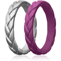 Silicone Wedding Leaves Ring Set - Argaman-Silver by ROQ for Women - 2 x 8 mm Ring