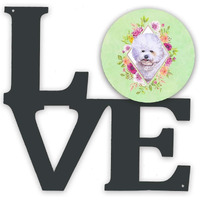Caroline's Treasures CK4280WALV Bichon Fris? #2 Green Flowers Metal Wall Artwork LOVE Indoor Outdoor Art Decor Patio, Bathroom, Kitchen Colorful Aluminum and Black Steel Sculpture