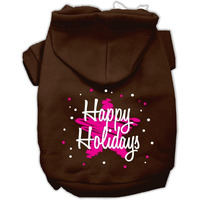 Christmas Pet Dog & Cat Hoodie Screen Printed, "Scribble Happy Holidays" Brown MD (6-10 lbs.)