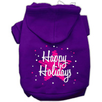 Christmas Pet Dog & Cat Hoodie Screen Printed, "Scribble Happy Holidays" Purple SM (3-6 lbs.)