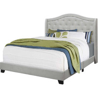 Tufted Light Gray Standard Bed Upholstered With Nailhead Trim And With Headboard