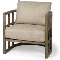 Tan Fabric Covered Cushioned Demi Lune Accent Chair With Wooden Frame