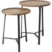 Set Of 2 Round Brown Solid Wood Iron Base Nesting Side Tables