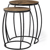 Set Of 2 Brown Wooden Round Top Accent Tables With Black Metal Frame Nesting