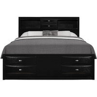 Black Veneer Queen Bed With Bookcase Headboard  10 Drawers