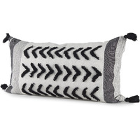 White And Gray Fringed Lumbar Pillow Cover