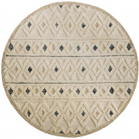 4 Round Cream And Blue Stripe Diamond Area Rug