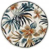 6 Round Blue And White Tropical Area Rug
