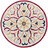 4 Round Red And Ivory Floral Filigree Area Rug