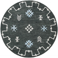 5 Round Charcoal Geometric Border Area Rug