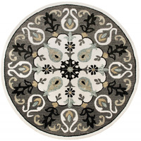 5 Round Gray And White Floral Medallion Area Rug