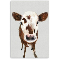 48"" X 32"" Brown And White Baby Cow Face Canvas Wall Art