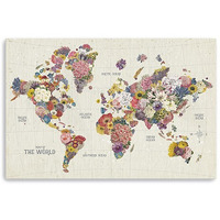 48"" X 32"" Fun Floral Map Of The World Canvas Wall Art