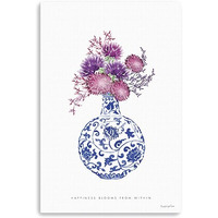 48"" X 32"" Blue And White Happiness Floral Vase Canvas Wall Art