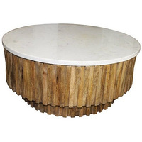 Round Marble Top And Wooden Strips Coffee Table