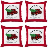 Set Of 4 Christmas Buffalo Check Pick Up Truck Pillow Covers