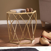 19"" Gold And Reflective Glass Hexagon Mirrored End Table