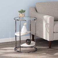 24"" Black Metal Glass And Faux Marble Round End Table With Two Shelves