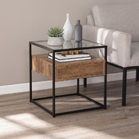 22"" Black Glass And Iron Square End Table With Drawer With Shelf