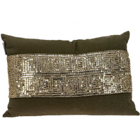 Glam Olive With Gold Sequins Lumbar Throw Pillow