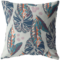 16 Blue Gray Tropical Leaf Zippered Suede Throw Pillow