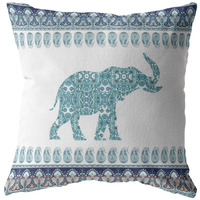 16 Teal Ornate Elephant Zippered Suede Throw Pillow