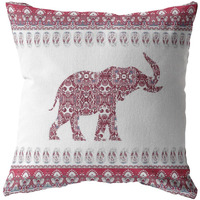18 Red White Ornate Elephant Zippered Suede Throw Pillow